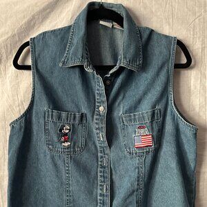 Vintage Disney | Denim embroidered Disney Mickey Mouse USA Button Up Sleeveless
